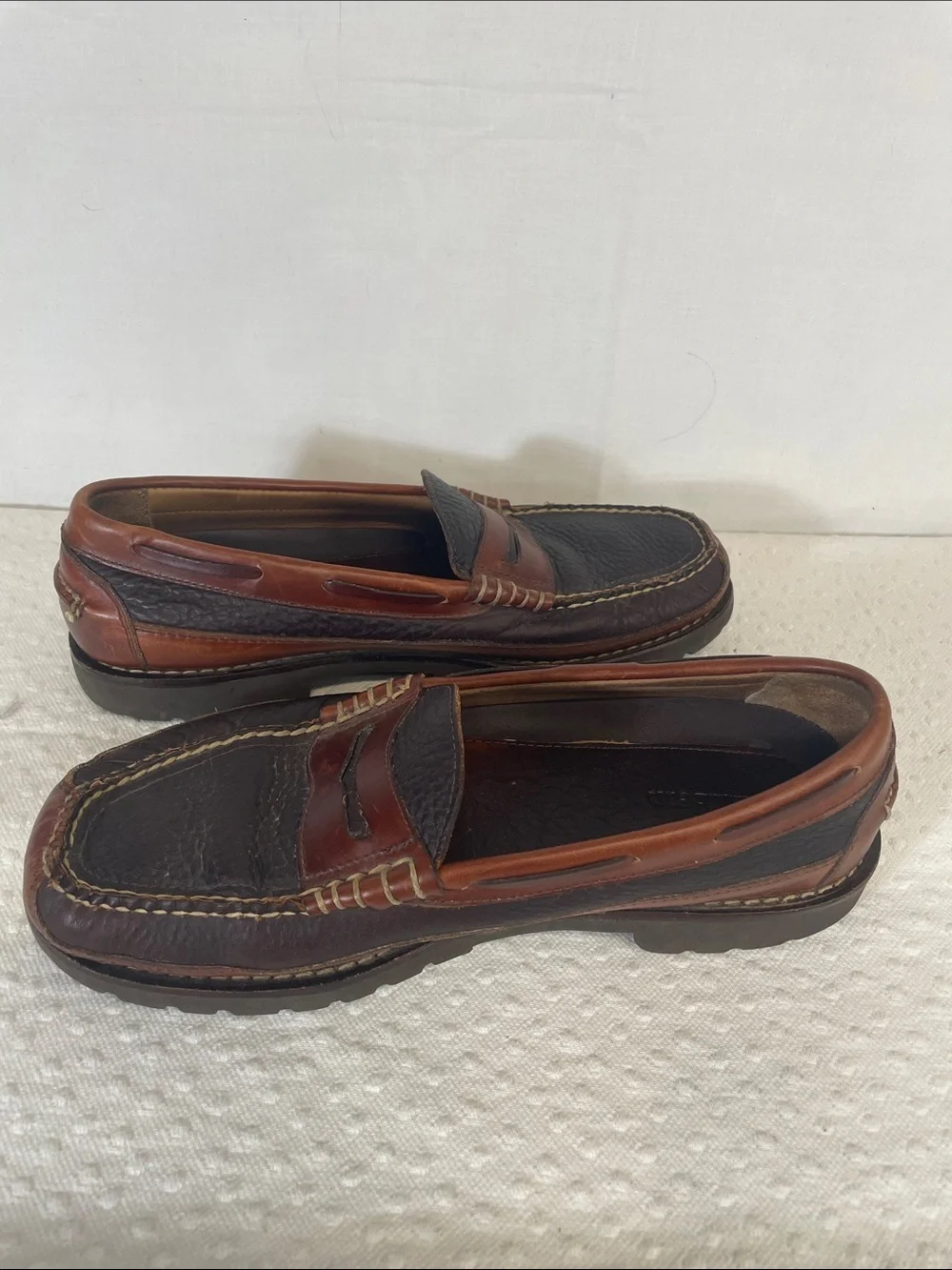 L.L. Bean Two-Tone Brown & Cognac pebbled Leather Penny Loafers - M10.5